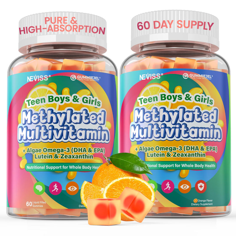 Methylated Multivitamin for Teen & Kids, Boys & Girls Vitamins Gummies 4-19 | 5-MTHF Methylfolate, Methyl B12, Omega3, Multi-Minerals, Teen Focus & Energy, Growth, Skin, Eye & Immune Support, Sugar-Free 60 Count (Pack of 2)