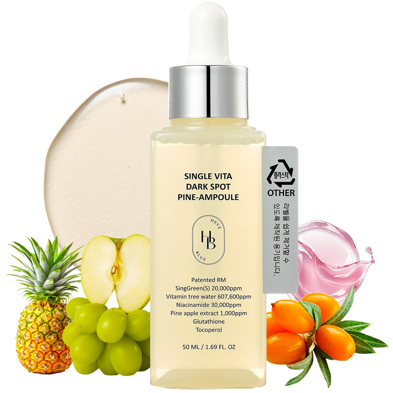HEVEBLUE Single Vita-Dark Spot Pine-Ampoule, Brightening Care Serum with Pineapple Extract & Vitamin Tree Water, Improves Skin Tone & Texture, Korean Skincare