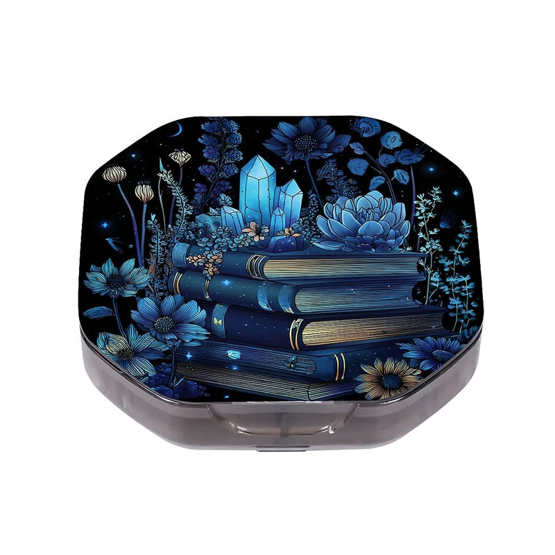 4 Compartment Books Blue Crystal Flowers Travel Pill Organizer, Watertight Portable Daily Pill Box for Vitamins, Fish Oil, Medicine & Small Items - BPA-Free Food Grade Material 4 Compartment