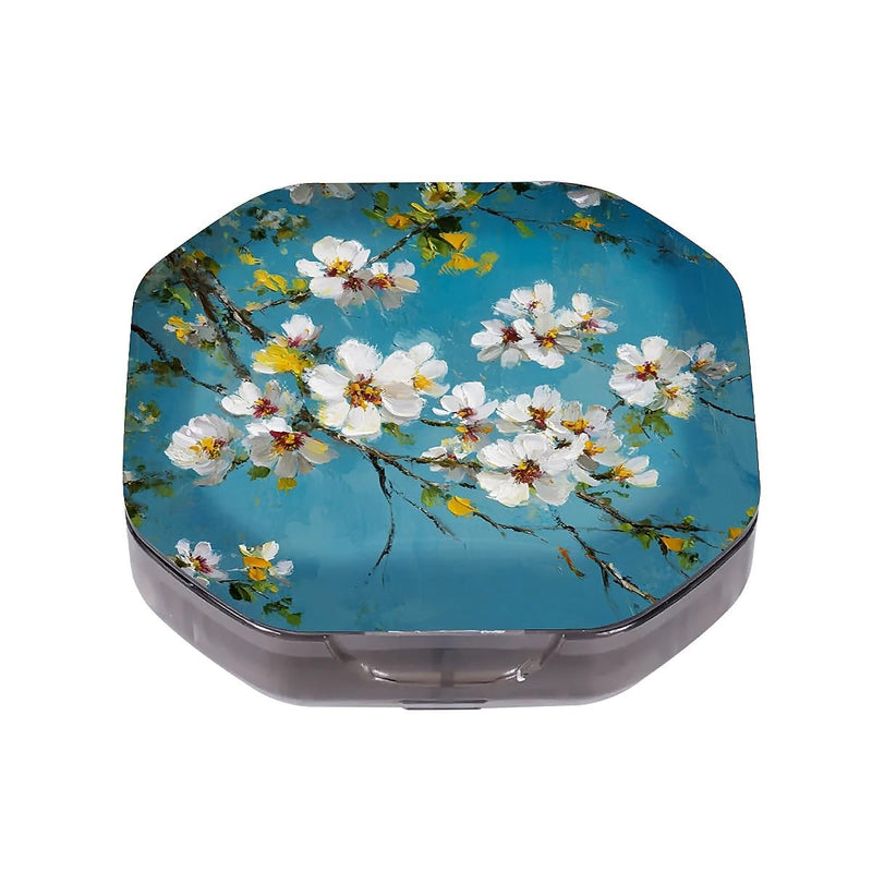 4 Compartment White Flowers Travel Pill Organizer, Watertight Portable Daily Pill Box for Vitamins, Fish Oil, Medicine & Small Items - BPA-Free Food Grade Material 4 Compartment