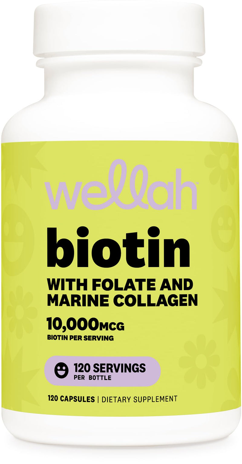 Wellah Biotin for Women (10,000mcg) 120 Capsules | With Folate & Marine Collagen