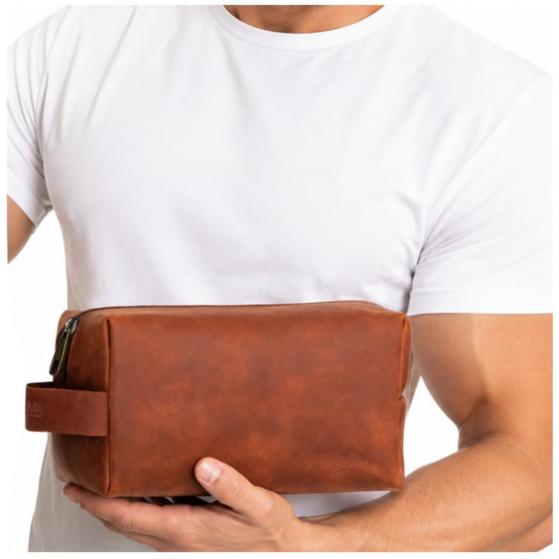 Full Grain Leather Toiletry Bag for Men – Handmade in USA – Waterproof Dopp Kit for Shaving Kit, Travel, Gym – Real Leather Serves as Gift for Dad, Husband, Boyfriend, Friend, Groomsmen