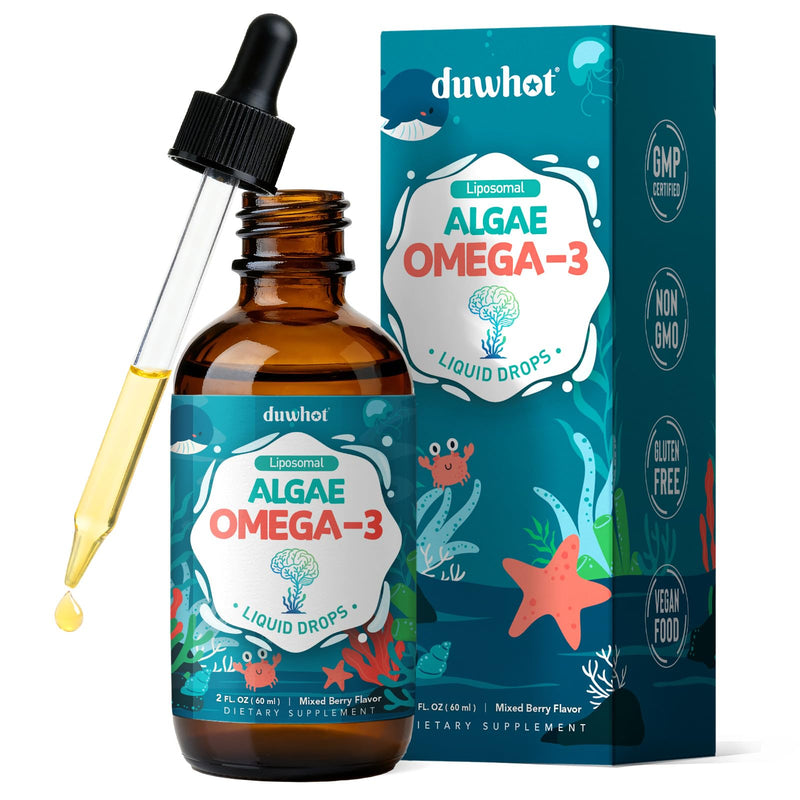 Liposomal Algae Omega 3, Vegan EPA DHA for Kids & Women, 2 Fl Oz | Liquid Drops, with Choline, Phosphatidylserine, Astaxanthin, Lutein & Zeaxanthin, Vitamins, Heart, Brain & Eye Health