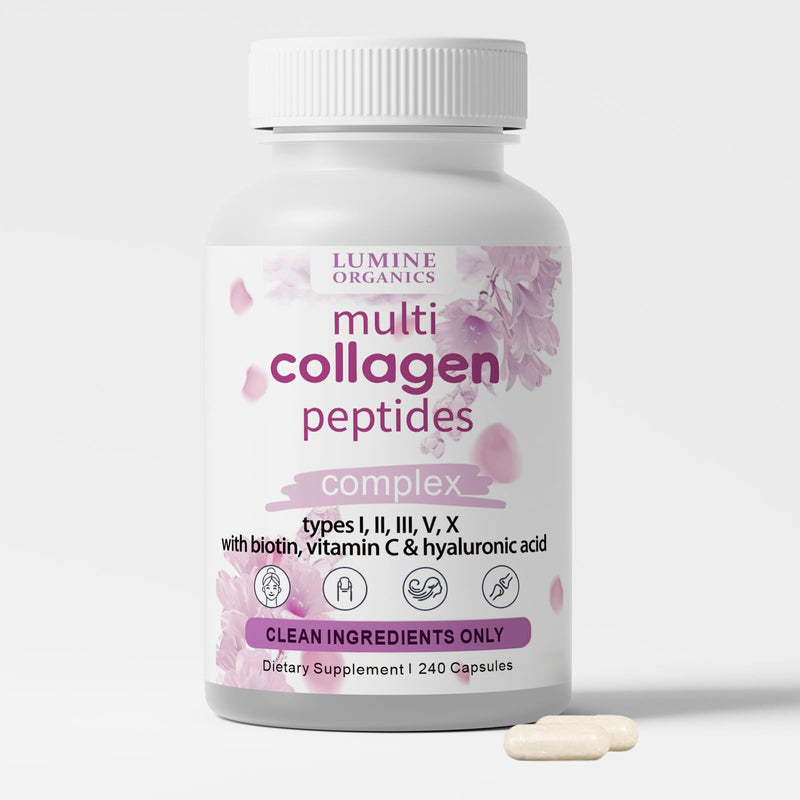 1PCSLumine Organics Collagen, Hydrolyzed Collagen Peptides Capsules,Type I,II,III,V,X with Biotin,Hyaluronic Acid Powder,Vitamin C,Non-GMO,240 Capsules (1PCS)