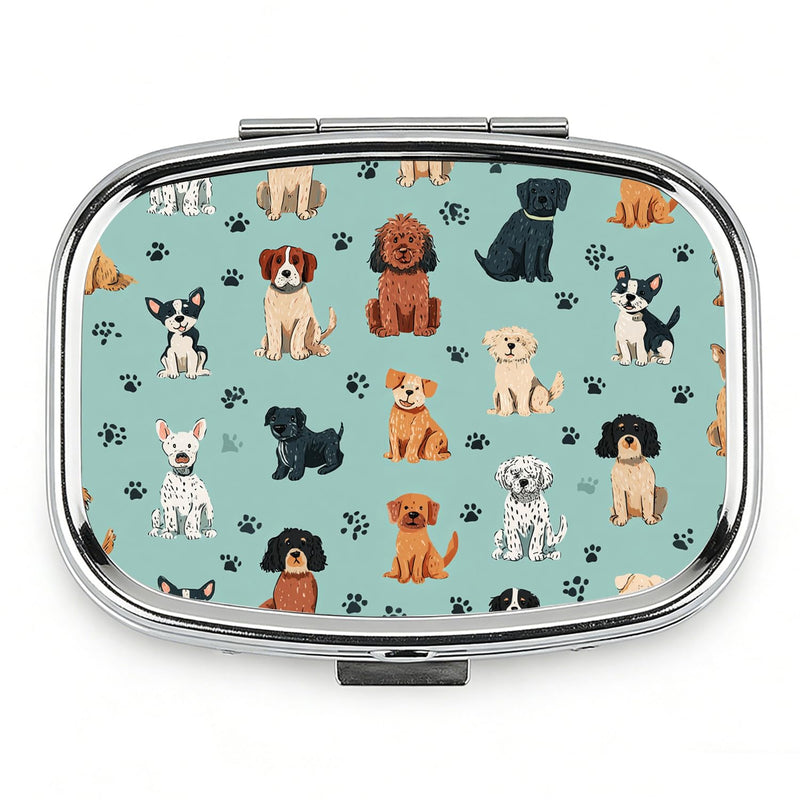 Dog Lover Pill Box 2-Compartment Small Pill Case Square Organizer Case with Mirror Portable Metal Medicine Box Travel Container for Women Men Cute Dog Paw