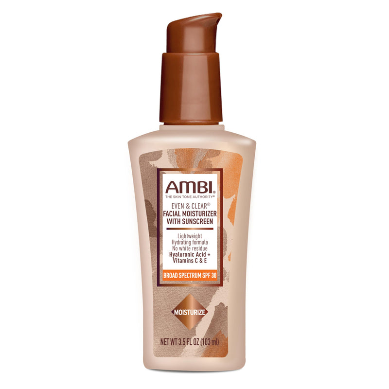 AMBI Even & Clear Facial Moisturizer SPF 30, Daily Face Lotion for Uneven Skin Tone, Hyaluronic Acid, Vitamins C & E, Lightweight Sunscreen, No White Cast, For All Skin Types, 3.5 Fl Oz