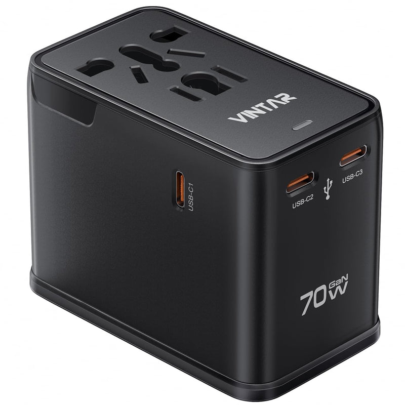 VINTAR Universal Travel Adapter 70W GaN, 5-in-1 with 3USB-C PD & 1USB-A QC | International Power Adapter, Fast Charging for Laptops/Tablets/Phones, All-in-One Travel Essentials for EU/UK/US/AU, Black 70W Black1