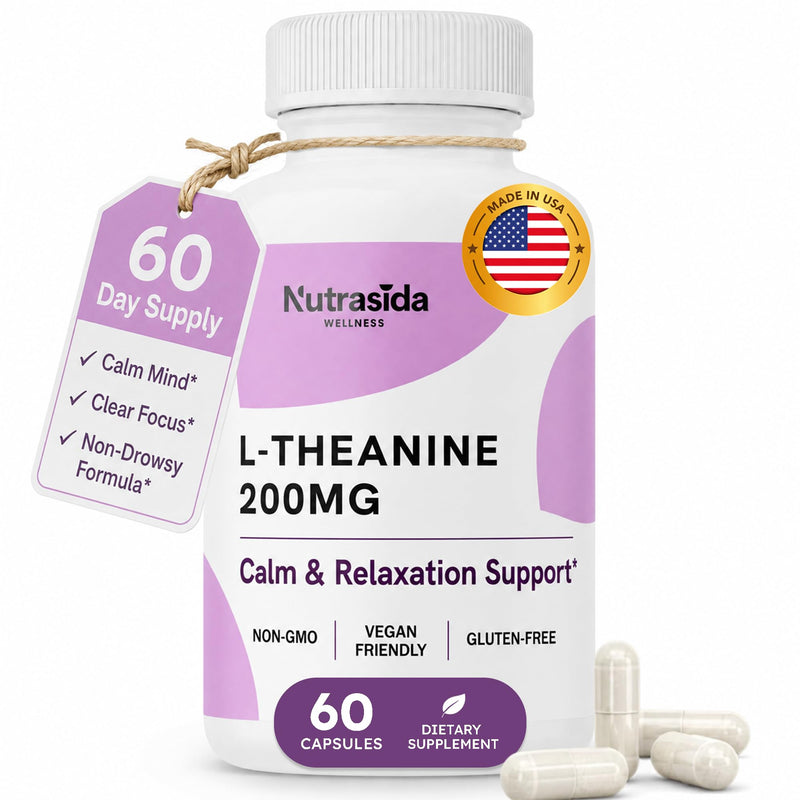 L-Theanine 200mg – Calm Focus Without Drowsiness – Stress Relief & Mental Clarity Support – Non-GMO, Vegan, Gluten-Free, Third Party Tested – 60 Capsules