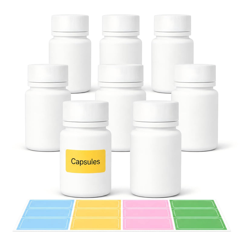 METAPACK 8 Pack 1.6 oz Food Grade Pill Bottles with Labels and Screw Caps | Opaque BPA-free HDPE construction with aluminum foil liners; ideal for tablets, capsules, vitamins, supplements and powders. White 1.6oz/50ml