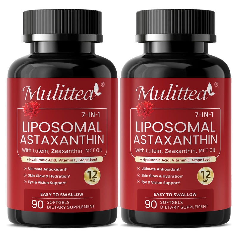 Liposomal Astaxanthin 12mg with Hyaluronic Acid & Lutein for Skin & Eye | 7-IN-1 Vegan Softgels with Vitamin E, Zeaxanthin, Phospholipids & MCT for Antioxidant, Skin Hydration, GMP, Gluten Free,180ct 90 Count (Pack of 2)