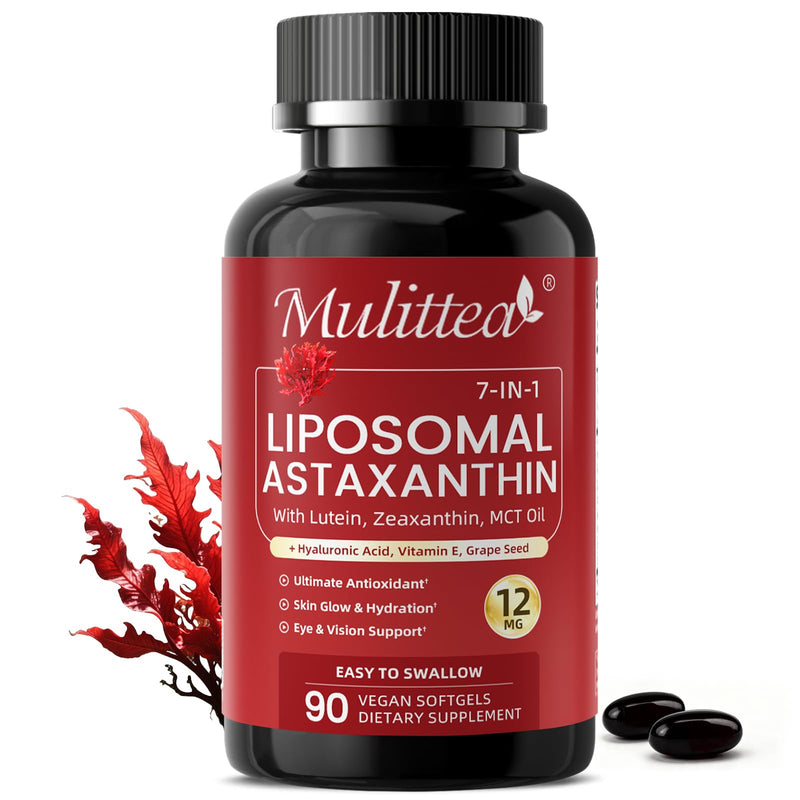 Liposomal Astaxanthin 12mg with Hyaluronic Acid & Lutein for Skin & Eye | 7-IN-1 Vegan Softgels with Vitamin E, Zeaxanthin, Phospholipids & MCT for Antioxidant, Skin Hydration, GMP, Gluten Free, 90ct 90 Count (Pack of 1)