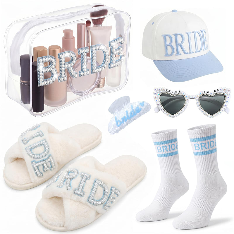 Kacctyen 6 Pcs Something Blue Bridal Shower Gift for Bride to Be Wedding Gifts Set for Bride Include Slippers Makeup Bag Heart Sunglasses Baseball Cap Socks Hair Claw Clip for Bachelorette Engagement