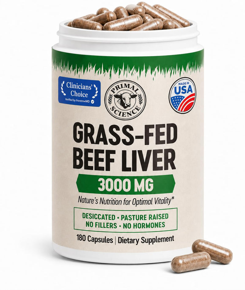 Grass Fed Beef Liver Capsules 3000mg Desiccated Liver Supplement 100% Pasture Raised & Freeze Dried Natural Iron, Vitamin A & B12 for Energy Non-GMO, No Fillers 180 Count