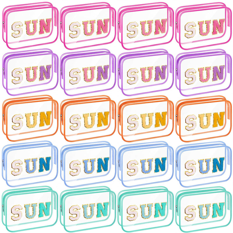 Kacctyen 20 Pcs Clear Sun Makeup Bags Bulk 5 Colors Sunscreen Pouch Beach Pool Waterproof Toiletry Cosmetic Bags Set Preppy Chenille Letter Patch Zip Organizer Girls Summer Vacation Gifts Essentials