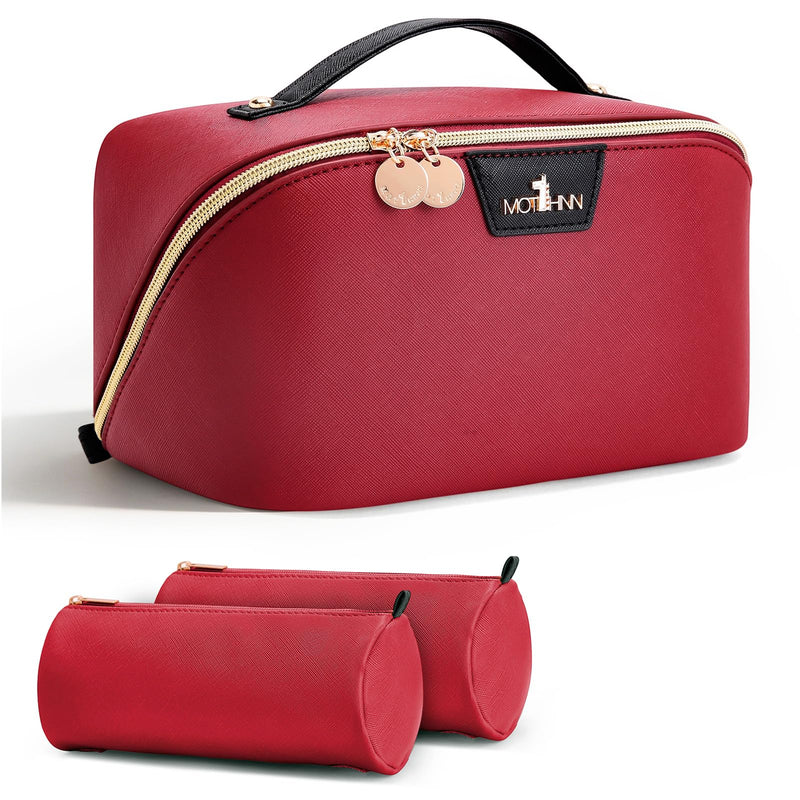 Travel Makeup Bag Organizer for Women: 3-in-1 Large Capacity Cosmetics Bag | Vegan Leather Flat Open Toiletry Bag with 2 Removable Skincare Pouch - Portable Travel Essentials for Full-Sized Bottles B05-Red