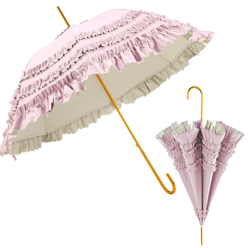 Ruffled Umbrella with Gold Handle, Mint Green and Peach, 34.65 inch Canopy, Decorative Stick Umbrella Pink