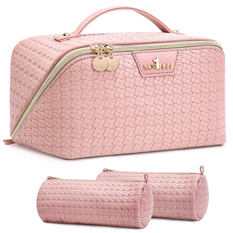 Travel Makeup Bag for Women: 3 Pcs Set Vagen Leather Make up Bag Hand-made | Large Capacity Toiletry Organizer Bag - Waterproof Ladies Travel Flat Open Essentials for Luxury (01Pink) 01Pink Travel Makeup Bag