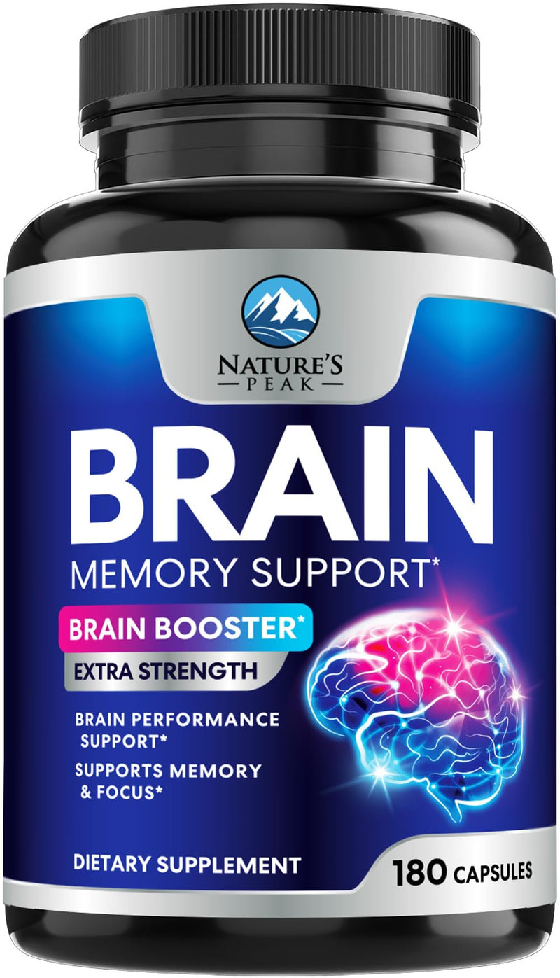 Brain Memory Supplement Pills - 3X Strength Nootropics for Concentration, Clarity & Focus Support - Brain Health Cognitive Vitamins B6 B12 with Folate & Phosphatidylserine, Brain Booster, 180 Capsules 180 Count (Pack of 1)