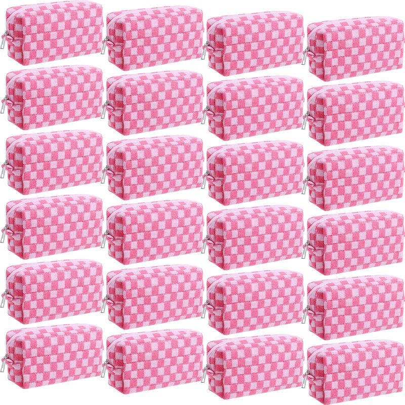 Giesiery 24 Pack Checkered Makeup Bag Bulk Cosmetic Organizer for Women & Teens Preppy Travel Toiletry Pouch for Skincare & Brushes Bridesmaid Proposal Gifts (24, Pink)