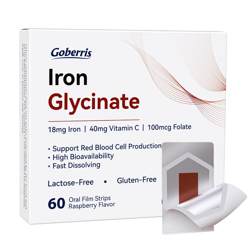 Iron Bisglycinate 18mg, with Vitamin C, Innovative Oral Strips - Dissolve on the Tongue, Support Red Blood Cell Production, Gluten-Free, Lactose-Free, Non-GMO, Raspberry, 60 60 Count (Pack of 1)