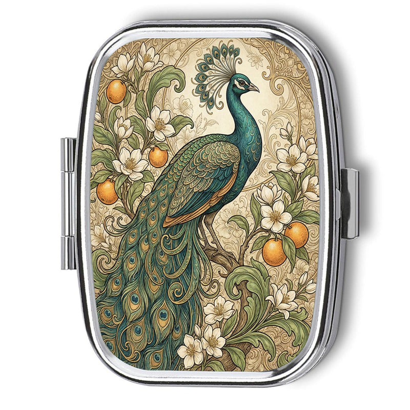 Metal 2 Compartment Pill Organizer Travel Friendly Portable Compact Pill Box Cute Pill Case,for Pocket Wallets Daily Portable Medicine Vitamin Tablet Storage (Beautiful Peacocks) Beautiful Peacocks