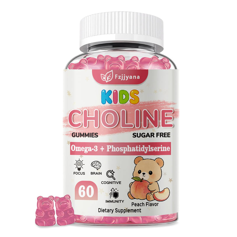Kids Choline Gummies with Omega 3 (DHA+EPA), Phosphatidylserine for Kids & Teens 4+ with Vitamin D3, B6 & B12 for Brain Health, Focus, Immune Support, Sugar-Free, Vegan, Peach Flavor - 60 Count 60 Count (Pack of 1)