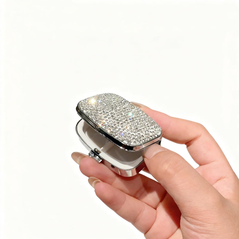 Metal Pill Organizer with Rhinestone, Portable Crush-Proof Medicine Box, Double-Layer Travel Pill Case for Vitamins, Supplements, Small Hard Container for Pocket White