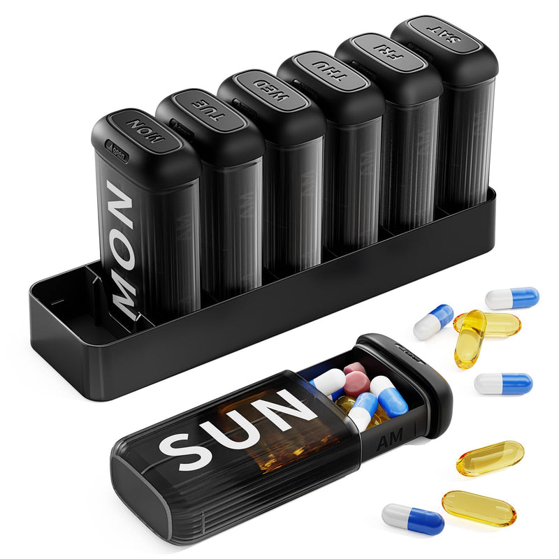 Daviky Weekly Pill Organizer 2 Times a Day, AM PM Removable Pill Box 7 Day | XL Cute Pill Case, Large Date Label, Slide to Open, Silicone Moisture-proof, Easy to Use for Fish Oil or Vitamins, Black