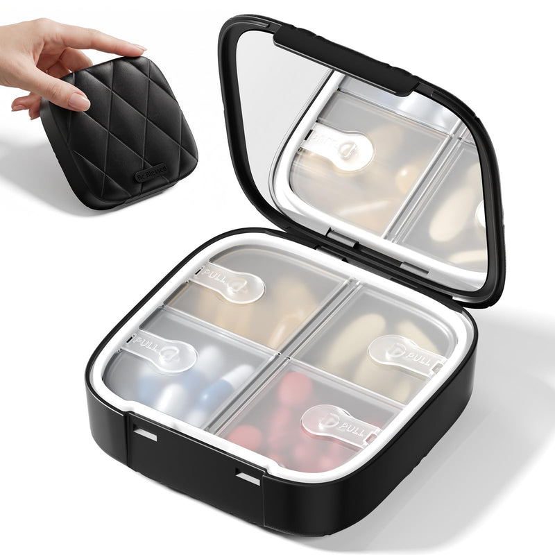Daviky Compact Pill Organizer with Built-in Mirror, Purse Travel Pill Box | Easy Open, Compact Design, Purse-Friendly, Portable Travel, One-Hand Operation, Daily Vitamins & Supplements Black