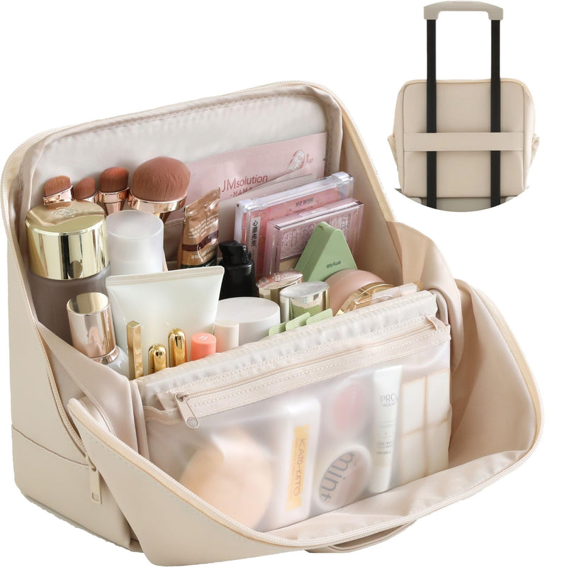 tianzong Travel Makeup Bag with Magnetic Fold-Down Flap, Waterproof Leather Cosmetic and Toiletry Organizer for Women, Multi-Zone Standing Storage, Cream, X-Large XL-Cream