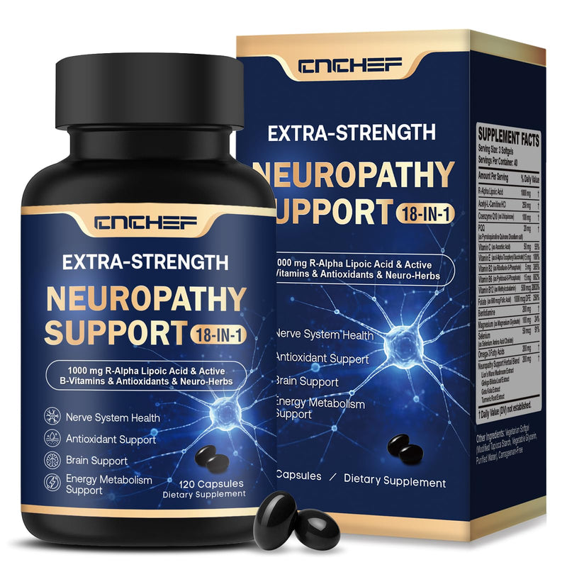 Neuropathy Support Nerve Supplement – 1000mg Advanced R-Alpha Lipoic Acid, L-Carnitine, Benfotiamine, PQQ,CoQ10,Magnesium & B-Complex for Nerve Health,Antioxidant & Cellular Energy,Vegan 120 Capsules 120 Count (Pack of 1)