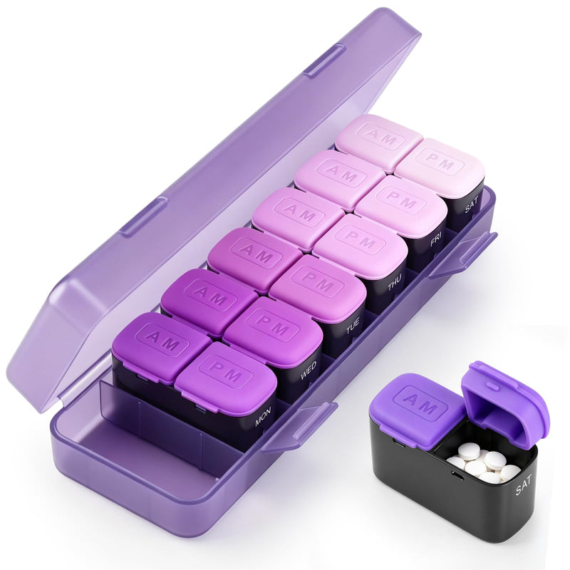 Weekly Pill Organizer 2 Times a Day, Portable AM PM Medicine Box with Large Compartments, Travel Pill Organizer Case, Moisture-Proof Daily Containers for Vitamins, Supplements & Medication (Green) Purple