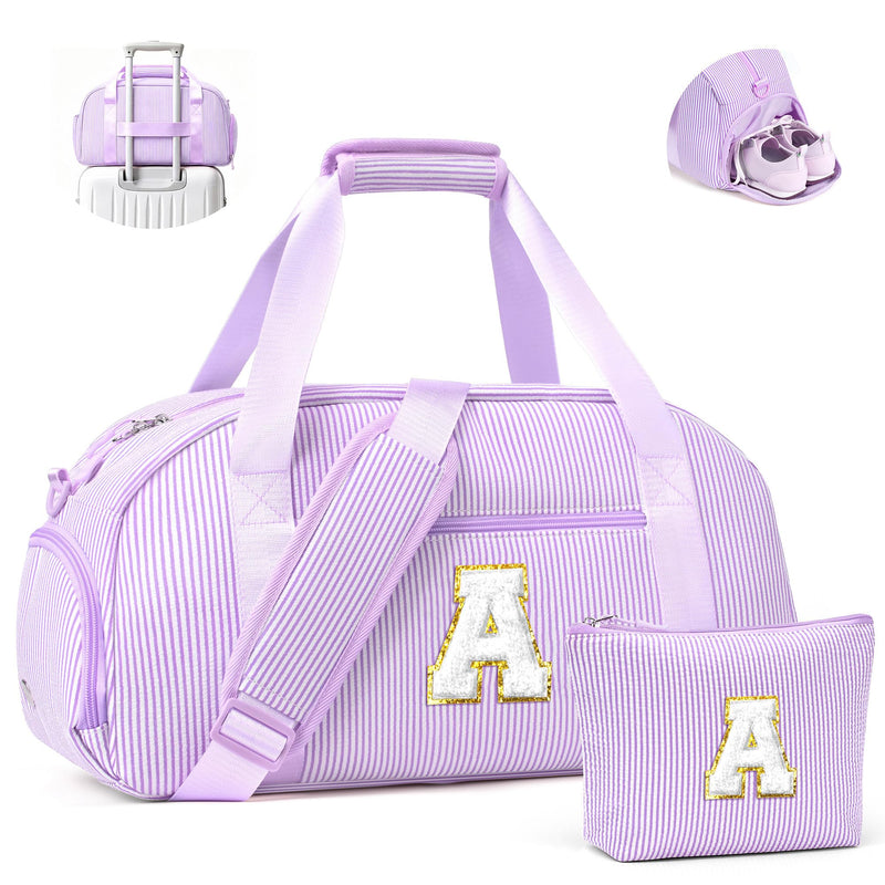 YOOLIFE Initial Travel Duffle Bag Overnight Bag Weekender Gym Bag Purple A | Birthday Gifts for 7 8 9 10 11 12 13 Year Old Girls, Travel Duffle Bag, Shoe Compartment, Overnight Weekender Bag