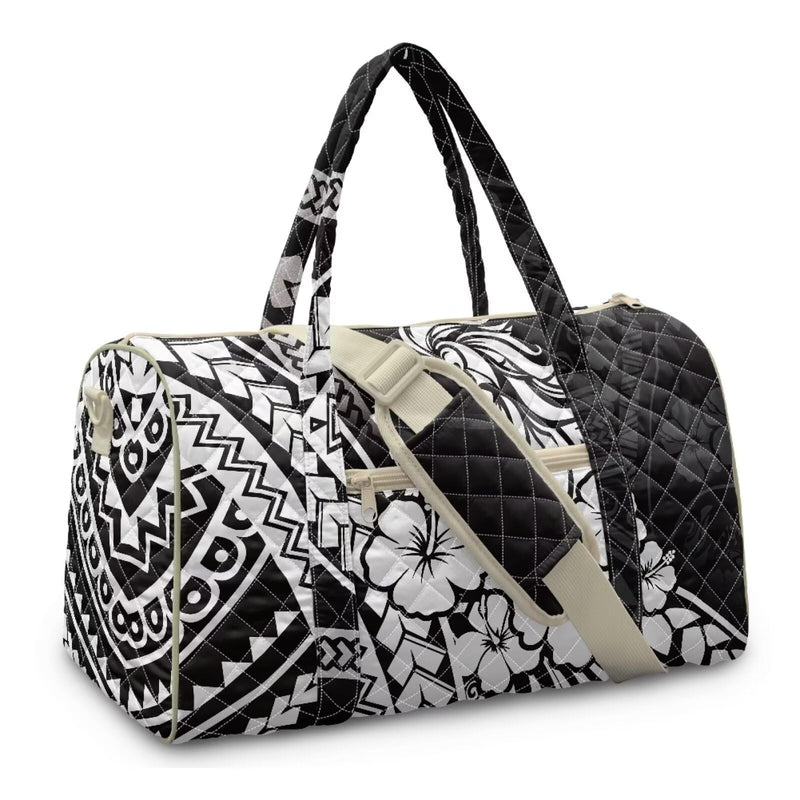 Quilted Travel Duffel Bag Lightweight Weekender Overnight Bag with Zipper Pockets Polynesian Hibiscus Flower Black Print Carry On Luggage Bags for Women Men Gym Bags