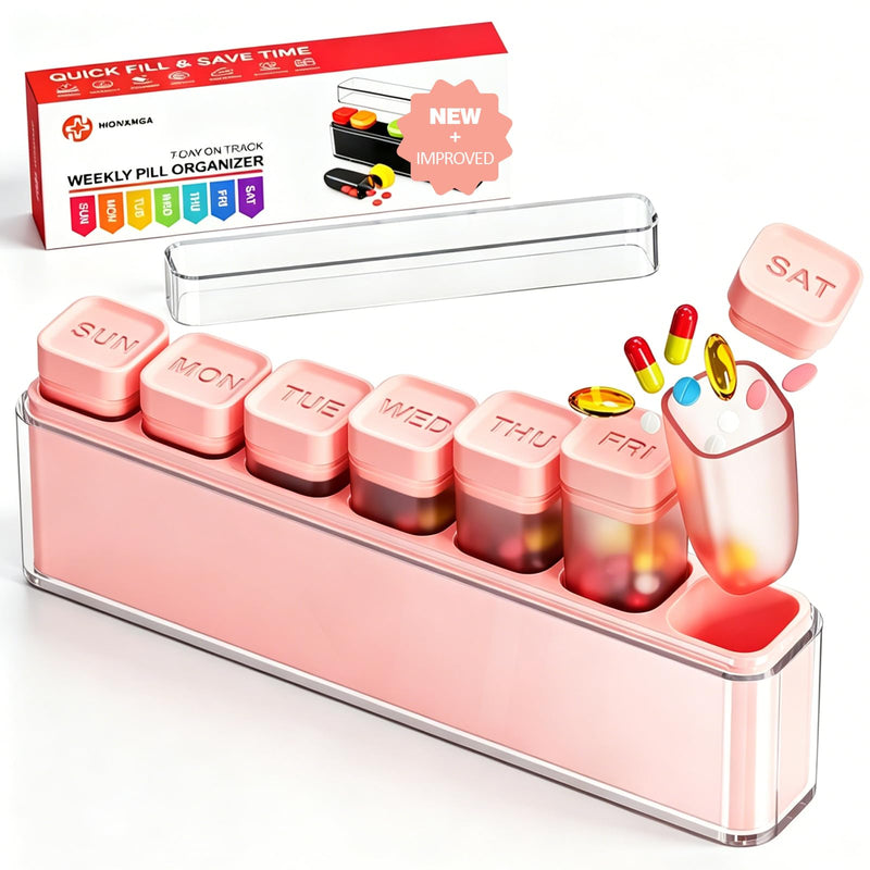 HIONXMGA Weekly Pill Organizer, Detachable 7-Color Pill Box, Easy Tracking | Portable Travel Pill Case Container for Daily Vitamin Supplement Fish Oil, Silicone-Seal, Lasting Labels, Quick Fill (Pink) Pink (Pink)