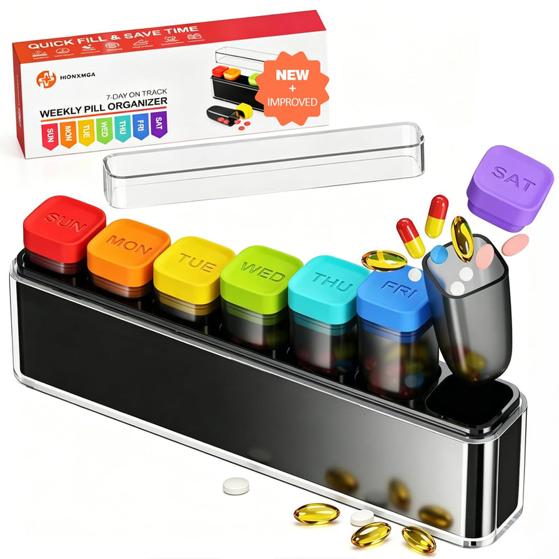 HIONXMGA Weekly Pill Organizer, Detachable 7-Color Pill Box, Easy Tracking | Portable Travel Pill Case Container for Daily Vitamin Supplement Fish Oil, Silicone-Seal, Lasting Labels, Quick Fill (Clear) Clear (Random Rainbow)