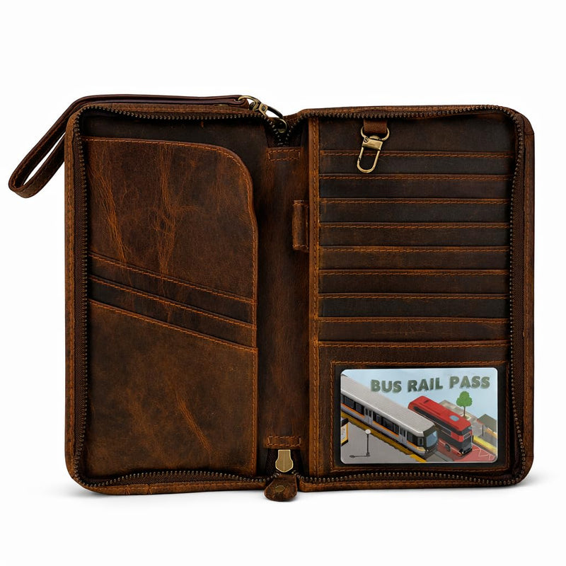 Brown Leather Passport Holder Travel Document Organizer Wallet for Family Couples with Card Slots ID Window Zipper Closure for Multi Passport Storage (5 x 9) Brown Leather Passport Holder