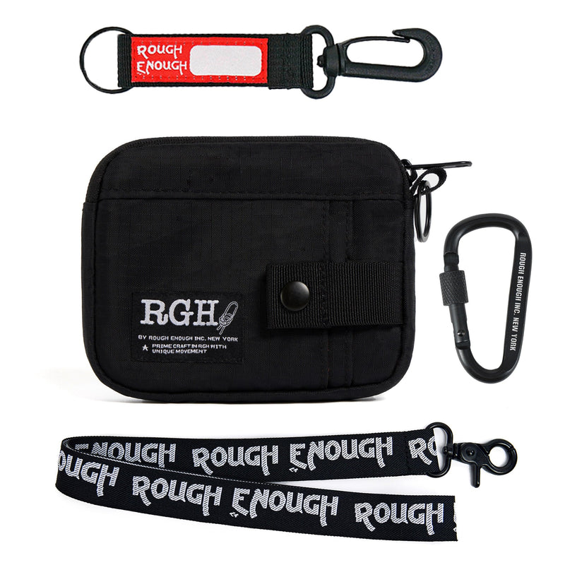 Rough Enough Travel Neck Wallet Pouch, RFID, Water-Resistant, Black | Lightweight, YKK zipper, Bright Nylon Interior, 5 x 4 x 0.7 in, Multiple Card & Coin Pocket, Lanyard & Carabiner & Keychain