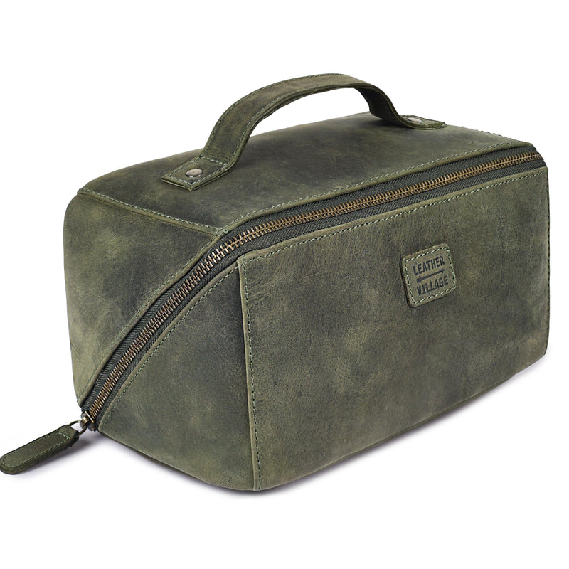 LEATHER VILLAGE Full Grain Leather Travel Cosmetic Bag for Women & Men | Large Capacity Cosmetic Bag with unique zip design – Skin Care, Brushes, Shaving & Bathroom Essentials Organizer- Olive