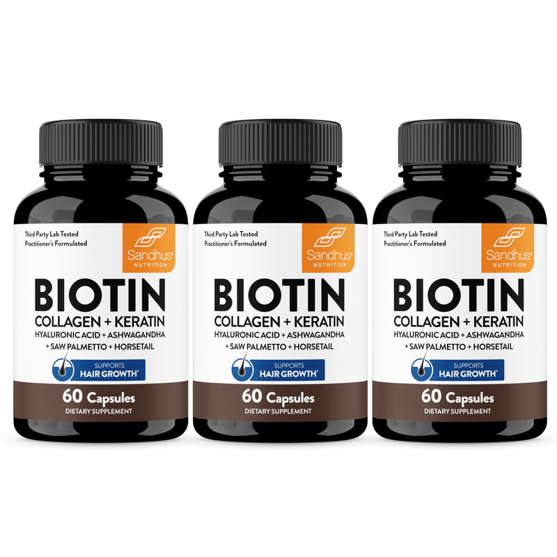 Biotin 6000mcg Collagen Keratin Hair Skin Nails Supplement, 180 Count | Hair Vitamins With Fish Collagen Hydrolyzed Keratin Hyaluronic Acid MSM Bamboo Extract, For Women & Men, USA Made By Sandhus #1 Hair Vitamins 60 Count (Pack of 3)
