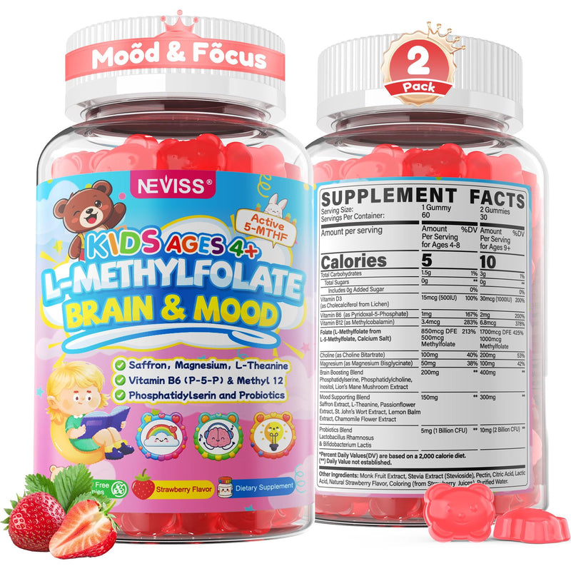 Kids L-Methylfolate Gummies, Focus Gummies For Kids + Magnesium, Saffron | Active 5-MTHF Kids Methylated Multivitamin + Lion's Mane, Choline, Methyl B12 & B6 for Brain, Mood, Bēhavior, No Sugar, 2Pack