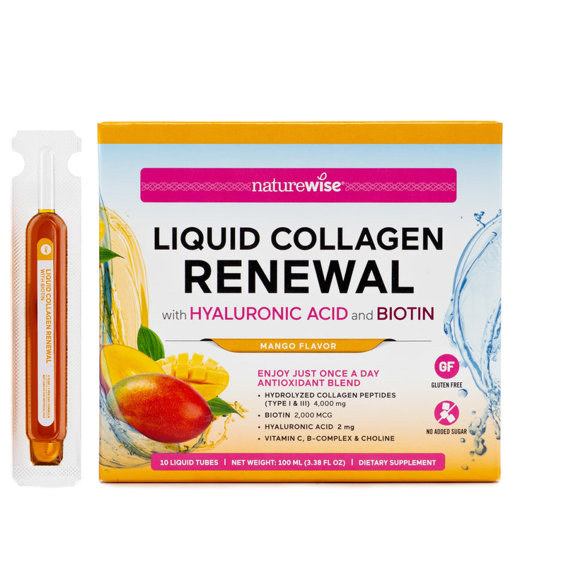 NatureWise Hydrolyzed Liquid Collagen for Women & Men 4000mg - No Added Sugar - Multi Collagen Peptides + Biotin + Vitamin C + Vitamin B Complex & Hyaluronic Acid - Mango - 10 Tubes[10 Day Supply] 3.38 Fl Oz (Pack of 1)
