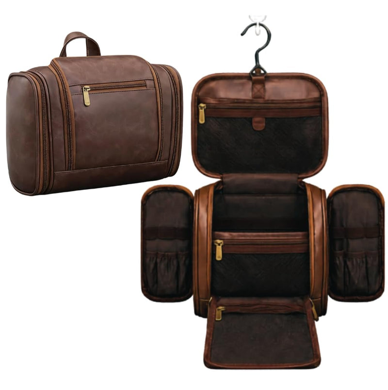 TUCKR Leather Toiletry Bag for Men & Women, Travel Dopp Kit for Everyday Essentials, Water Resistant, Compact & Sleek Design with Hook and Multiple Compartments (Dark Brown) Dark Brown