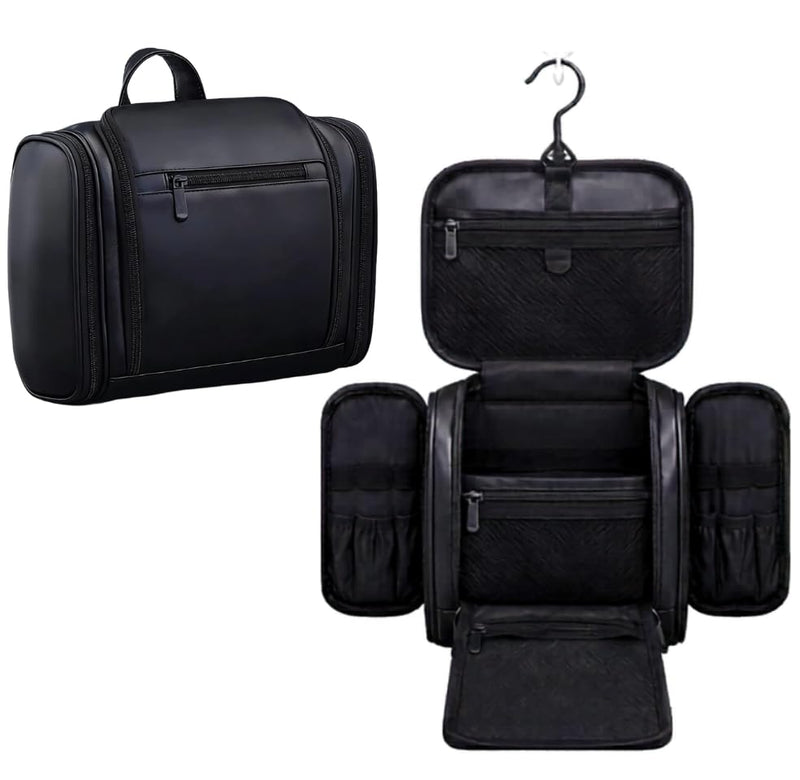 TUCKR Leather Toiletry Bag for Men & Women, Travel Dopp Kit for Everyday Essentials, Water Resistant, Compact & Sleek Design with Hook and Multiple Compartments (Black) Black