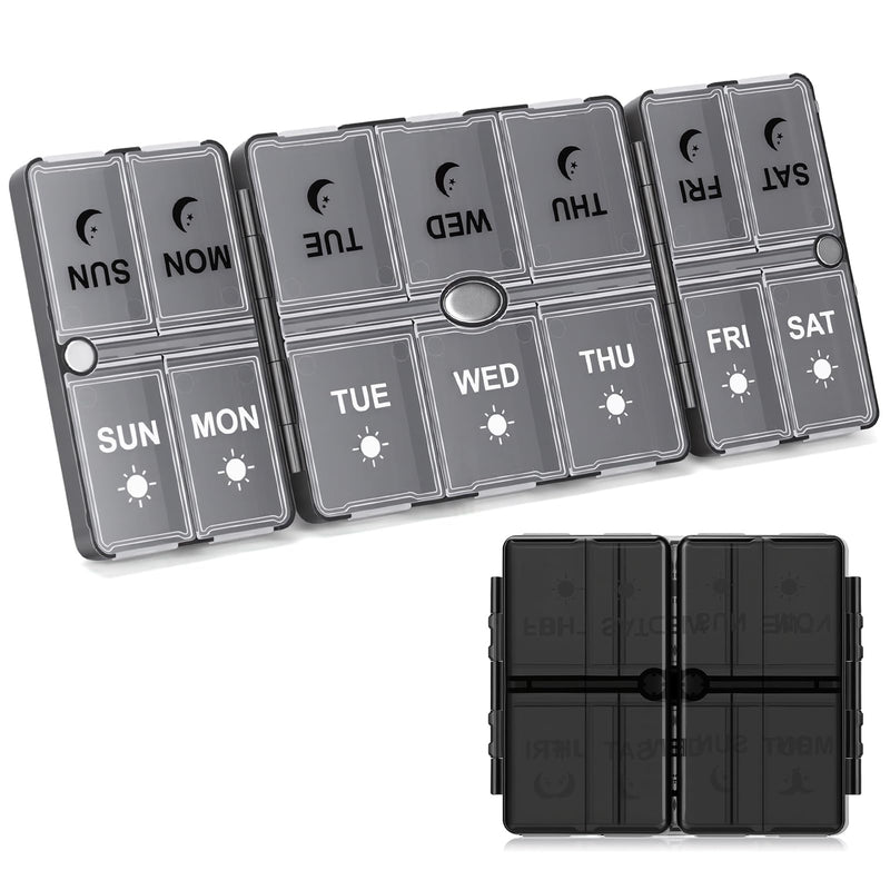 FYY Weekly Pill Organizer 2 Times a Day, Travel Pill Box 7 Day -Clear Black | AM PM Pill Case,Easy to Use,Privacy Protection,Magnetic Medicine Pill Organizer for Medication,Vitamins,Fish Oils,Supplements Clear Black Closed size: 4.9 x 3.9 x 1.2 Inch