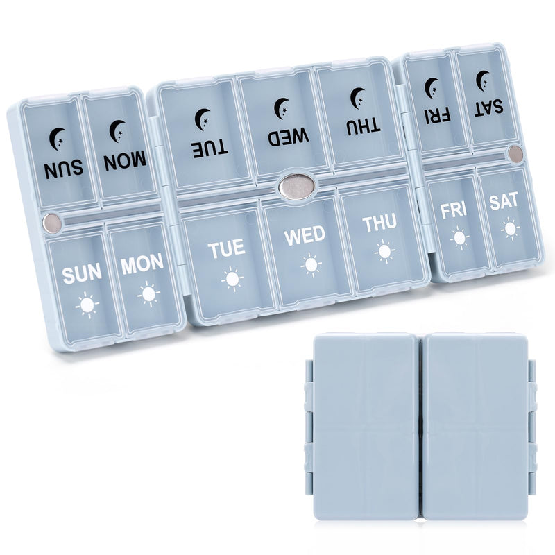 FYY Weekly Pill Organizer 2 Times a Day, Travel Pill Box 7 Day -Blue | AM PM Pill Case,Easy to Use,Privacy Protection,Magnetic Medicine Pill Organizer for Medication,Vitamins,Fish Oils,Supplements Blue Closed size: 4.9 x 3.9 x 1.2 Inch