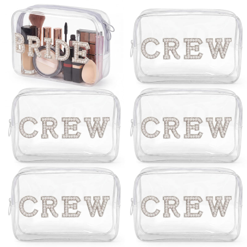Kacctyen 6 Pack Bride Crew Clear Makeup Bag Gifts for Bridesmaids Bridal Party Engagement Cosmetic Bag Bling Pearl Rhinestone Letter Patches Waterproof Bags Wedding Party Bachelorette Favors
