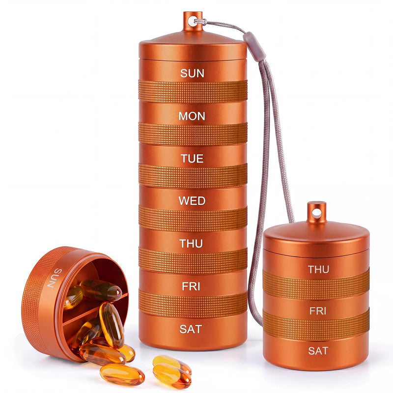 Weekly Metal Pill Organizer 2 Times a Day, Waterproof Travel Pill Case | Aluminum Alloy AM PM Pill Organizer, BPA Free 7 Day Daily Medicine Organizer Holder for Vitamin, Fish Oil, Supplement Orange