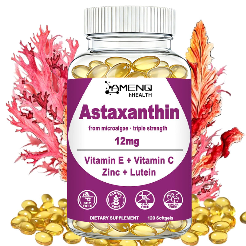 Astaxanthin 12mg Softgels, Potency Astaxanthin Supplements from Microalgae | Triple Strength with Lutein, Vitamin C, E & Zinc, Antioxidant for Eye, Skin & Vision Support, Non-GMO, Gluten Free, 120 Count