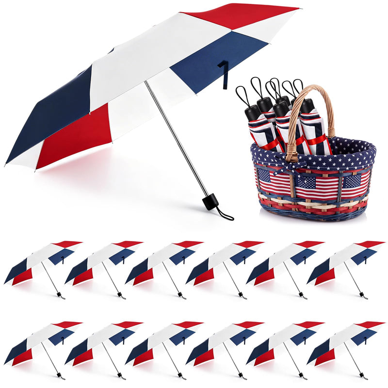 Patriotic Umbrella Bulk White Red Blue Folding Umbrella for 4th of July American Flag Patriotic Veterans Day Decorative Parasol for Men Women Camping Golf Outdoor Party 12
